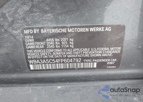 2015 BMW 328I from USA, damaged, VIN WBA3A5C54FP604792